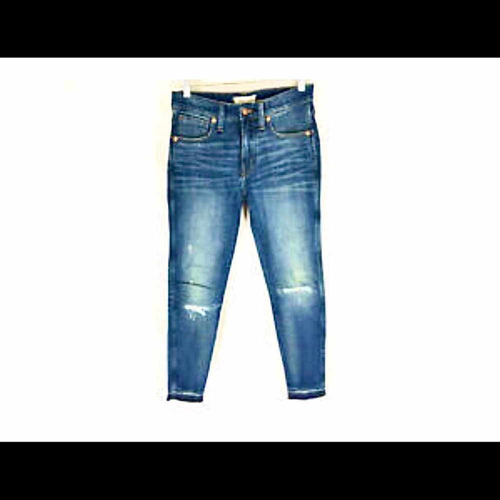 Madewell pettite 9" high rise skinny jeans, york wash, rip and repair edition.